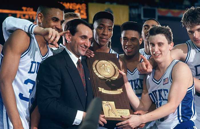 Coach K and Duke players celebrate their 1991 title.